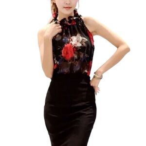 FLORAL GATHERED NECK DRAWSTRING BLOUSE WOMEN COLOR BLACK SIZE M